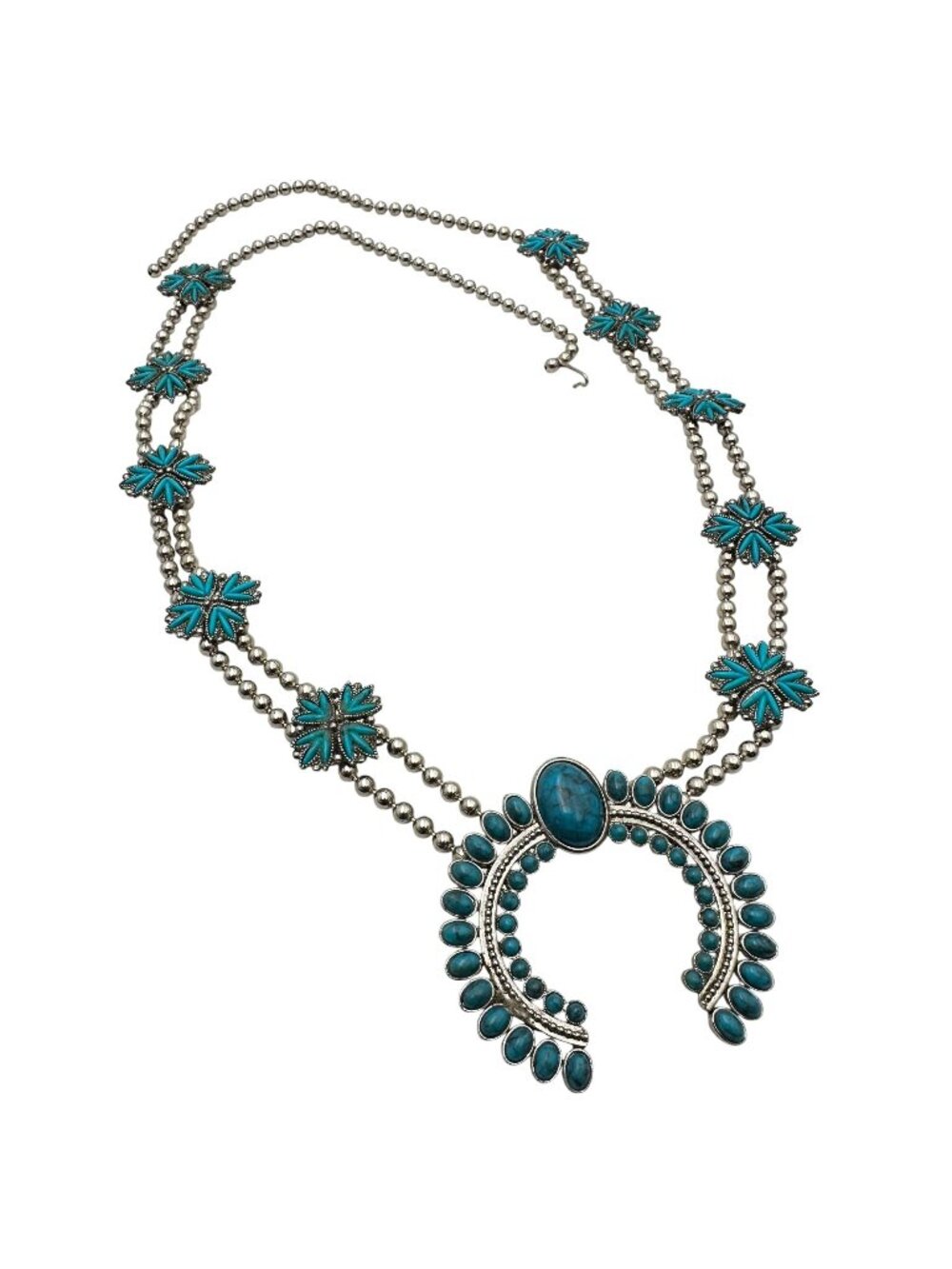 Vintage Squash Blossom Necklace Faux Blue Turquoise Silver Tone